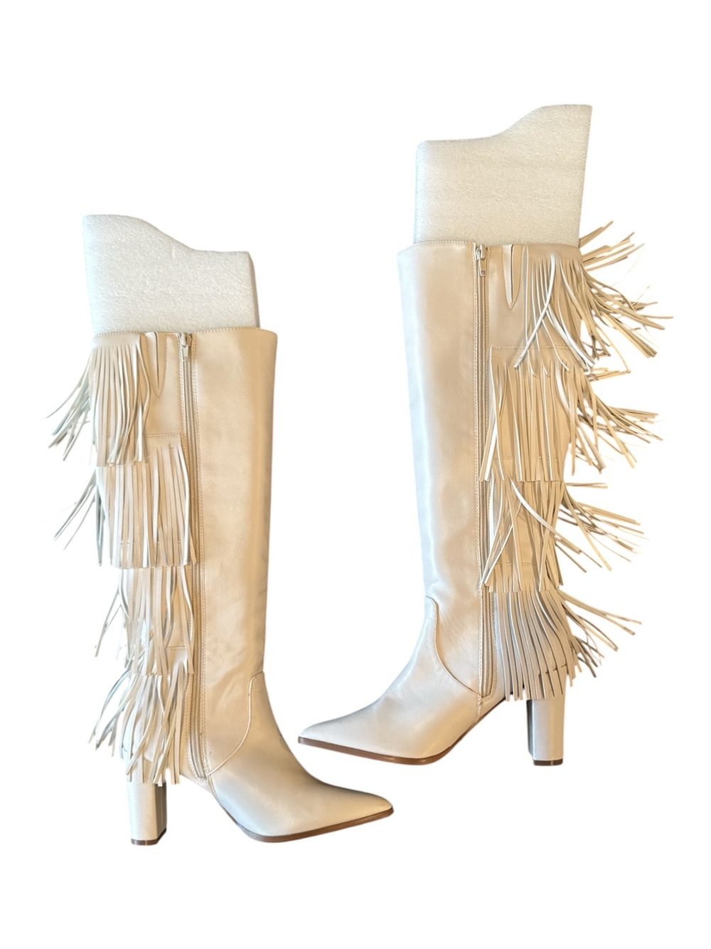 Bellini Zaneta Ivory Fringe Wide Calf Western Knee High Boots Size 7 - Picture 3 of 13